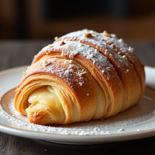 A golden brown almond croissant on a plate